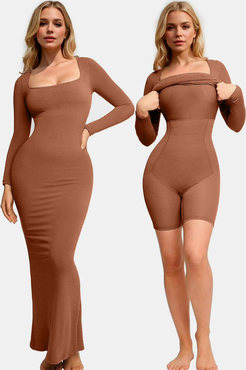 Basic Bae Built-In Shapewear Square Neck Long Sleeve Maxi Dress - Lunaria