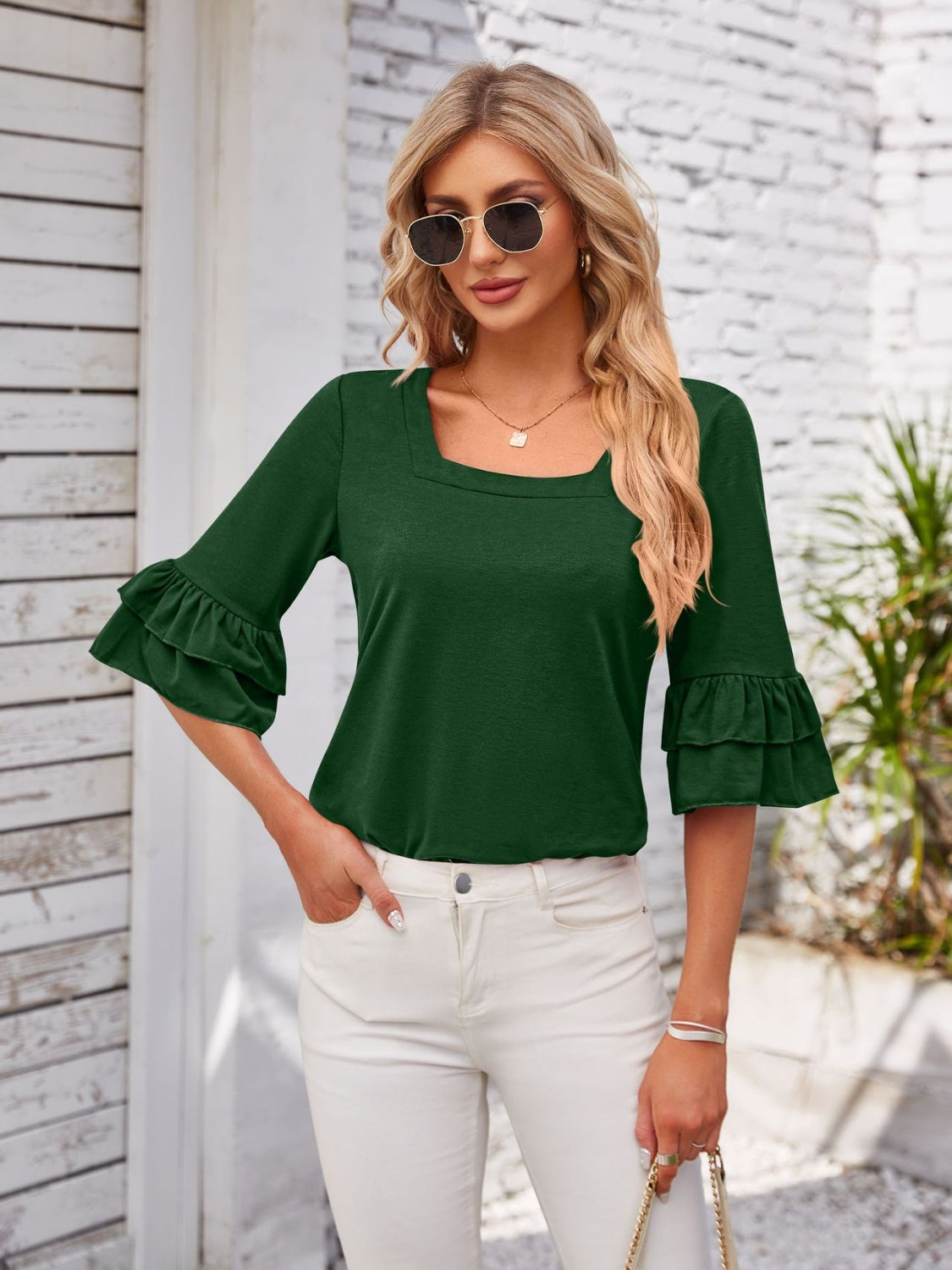 Ruffled Suqare Neck Half Sleeve Blouse - Lunaria