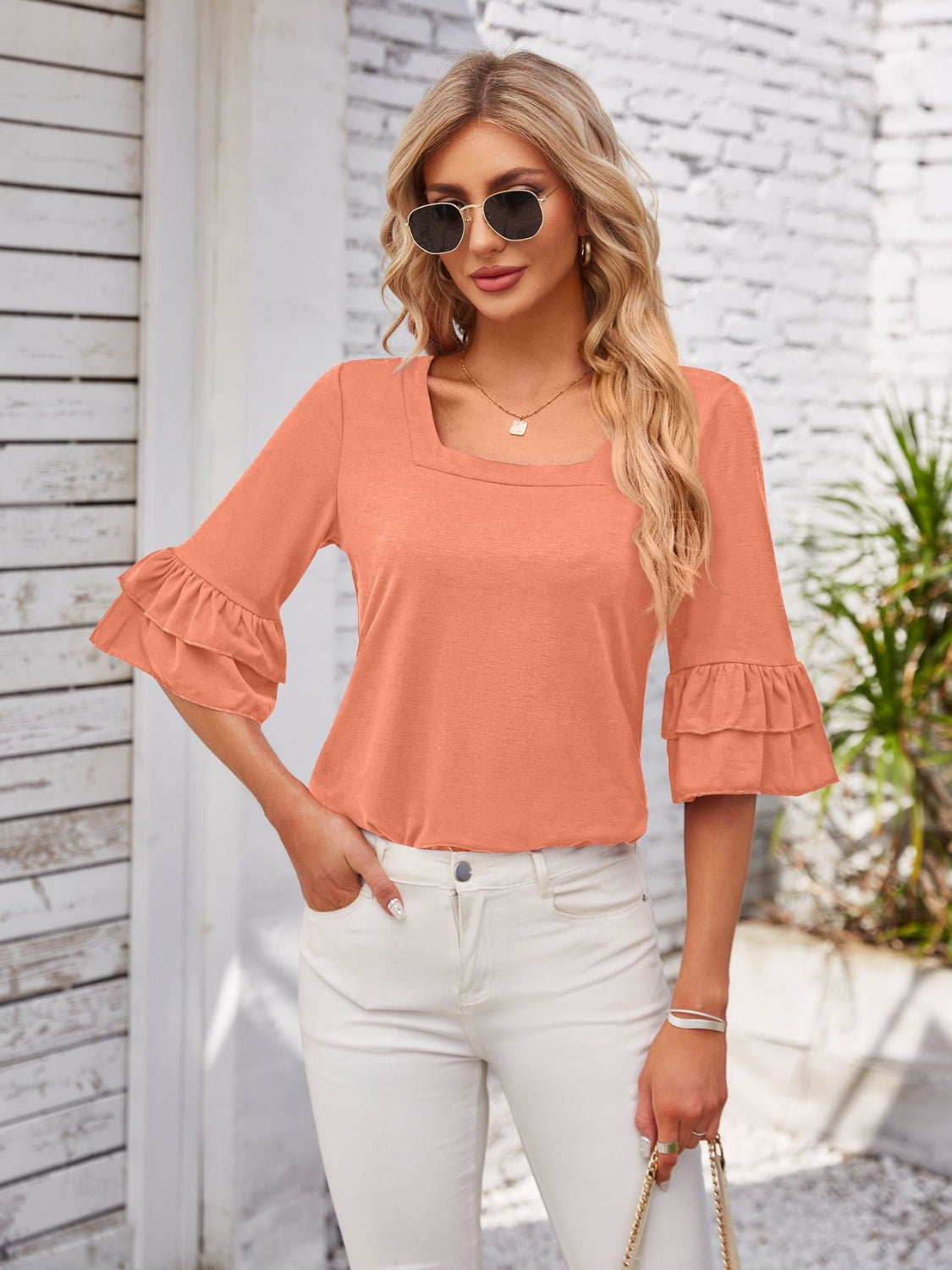 Ruffled Suqare Neck Half Sleeve Blouse - Lunaria