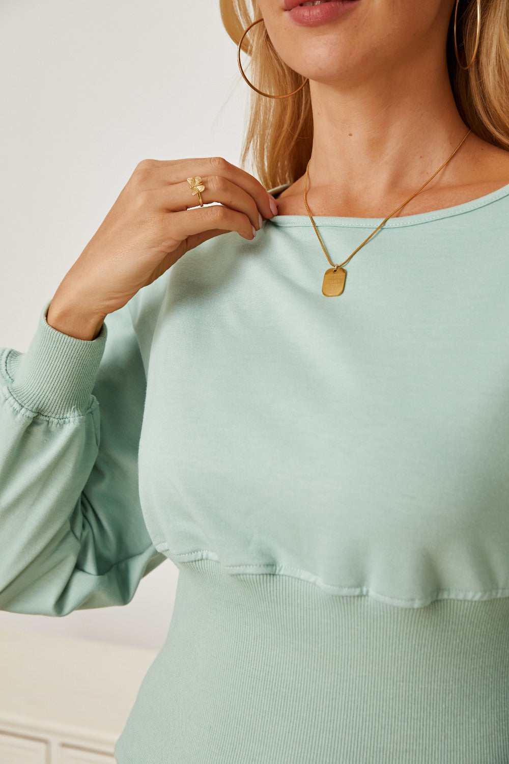 Boat Neck Lantern Sleeve Blouse - Lunaria