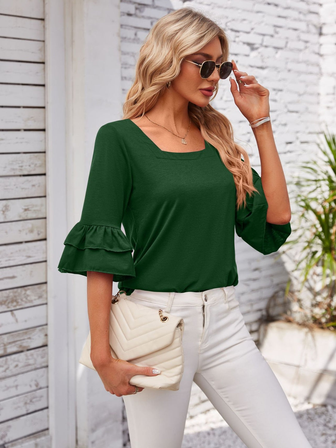 Ruffled Suqare Neck Half Sleeve Blouse - Lunaria