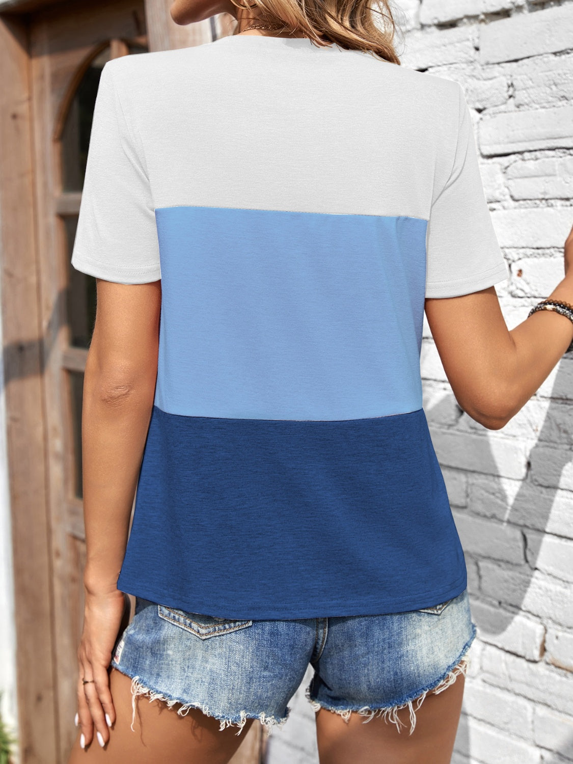 Color Block Round Neck Short Sleeve T-Shirt - Lunaria
