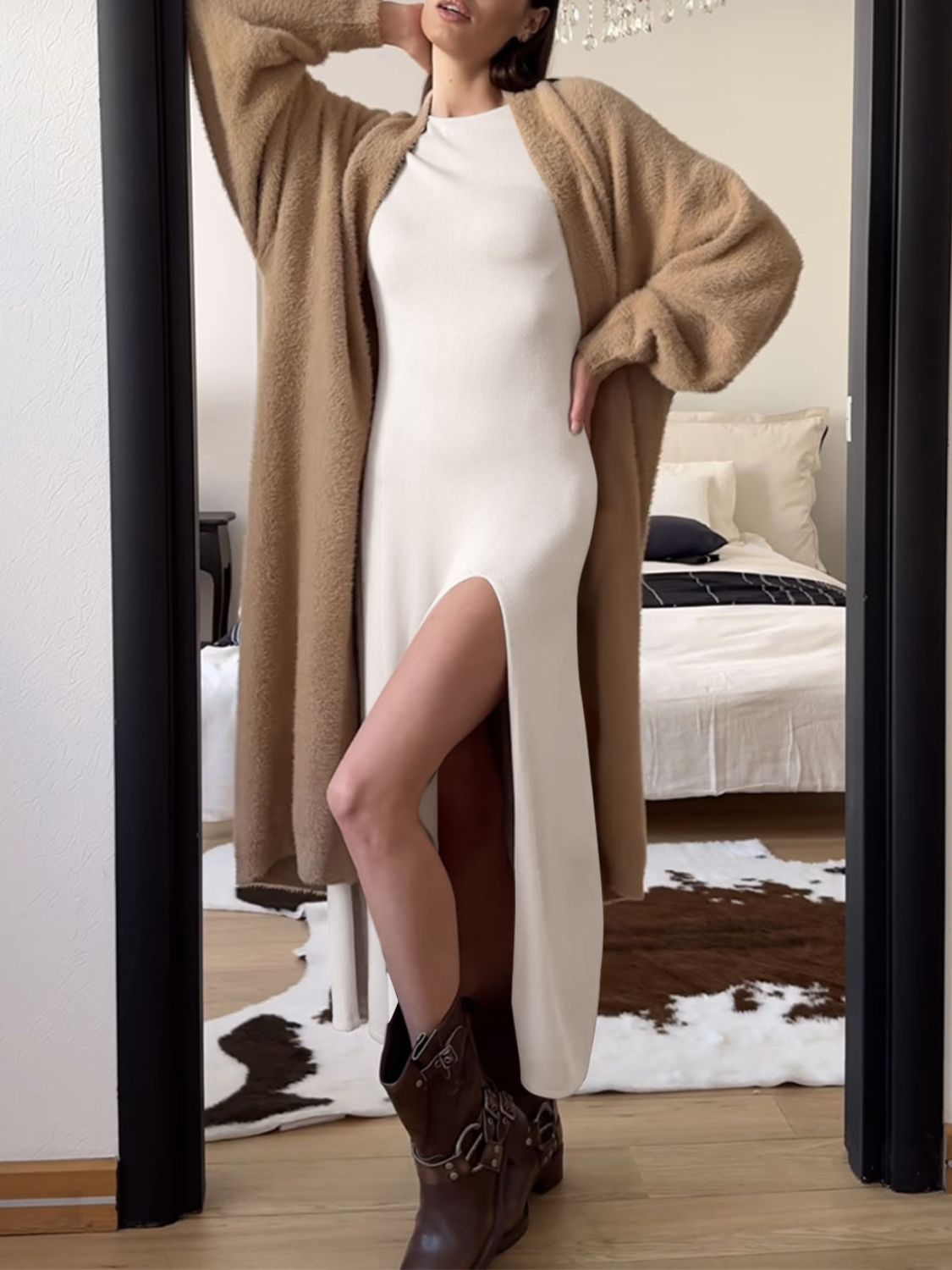 Side Slit Round Neck Long Sleeve Dress - Lunaria