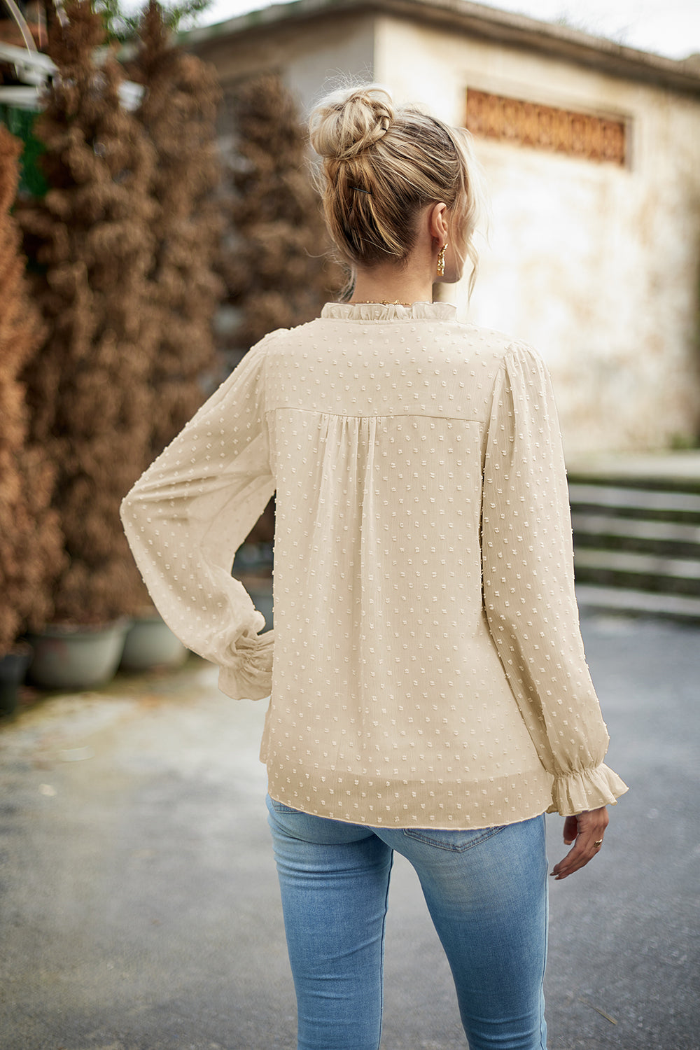 Devine Swiss Dot Smocked Shoulder Blouse - Lunaria