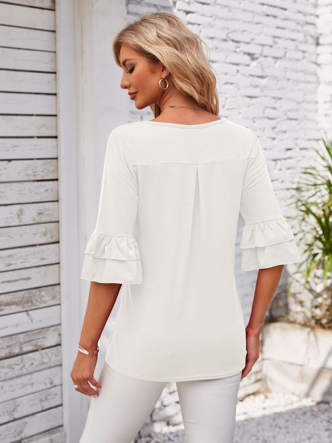 Ruffled Suqare Neck Half Sleeve Blouse - Lunaria