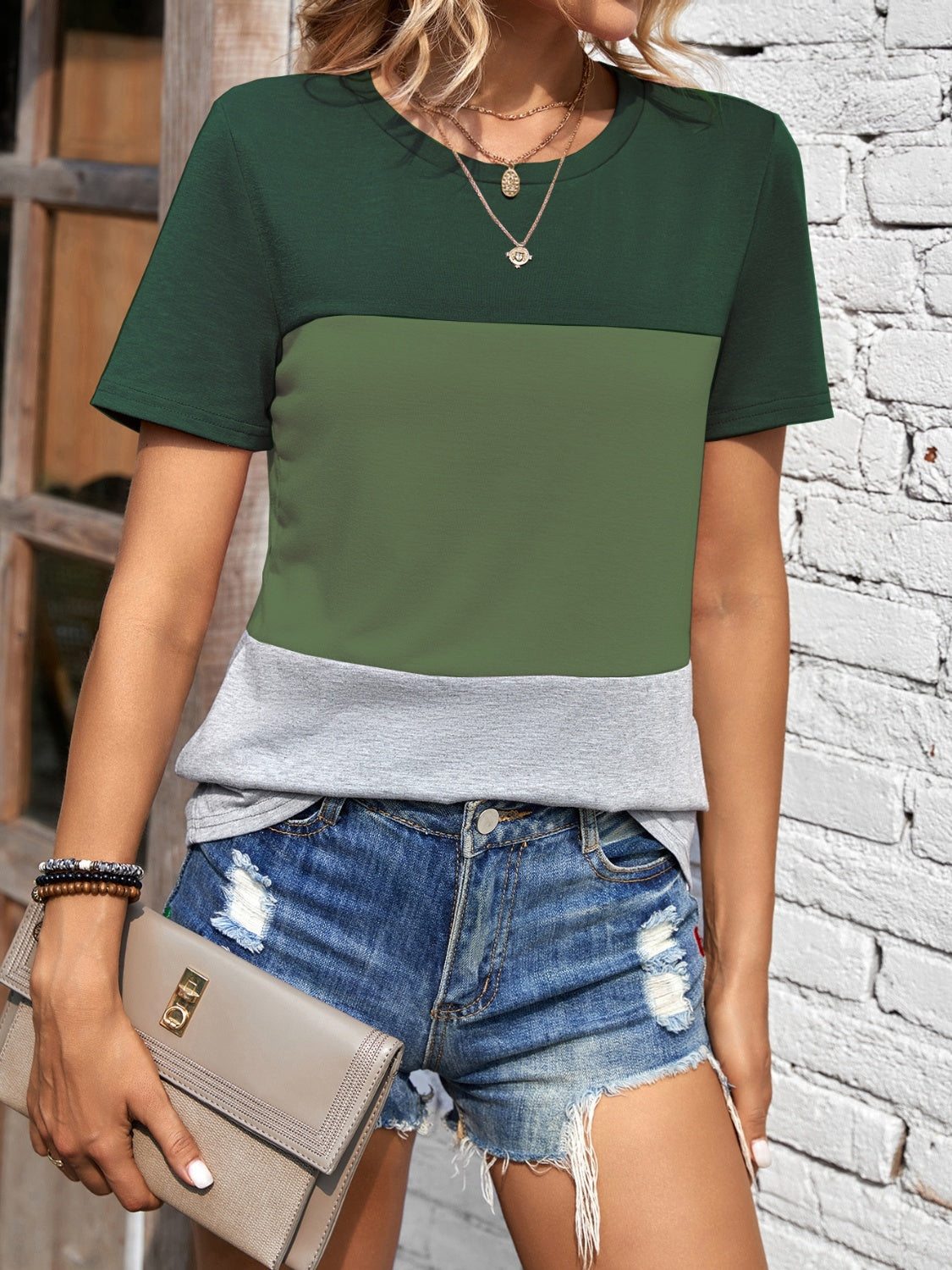 Color Block Round Neck Short Sleeve T-Shirt - Lunaria