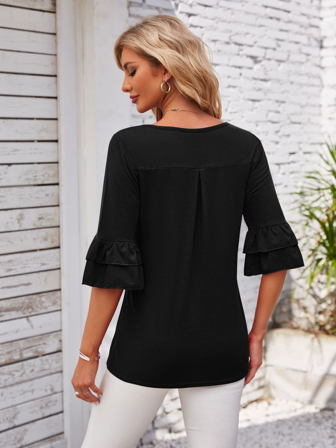 Ruffled Suqare Neck Half Sleeve Blouse - Lunaria