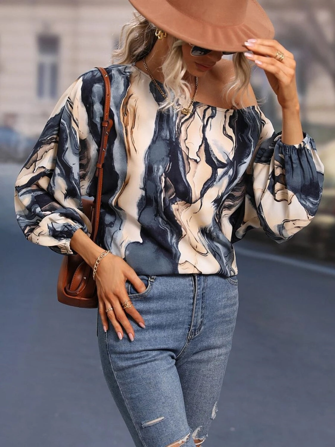 Printed Boat Neck Blouse - Lunaria