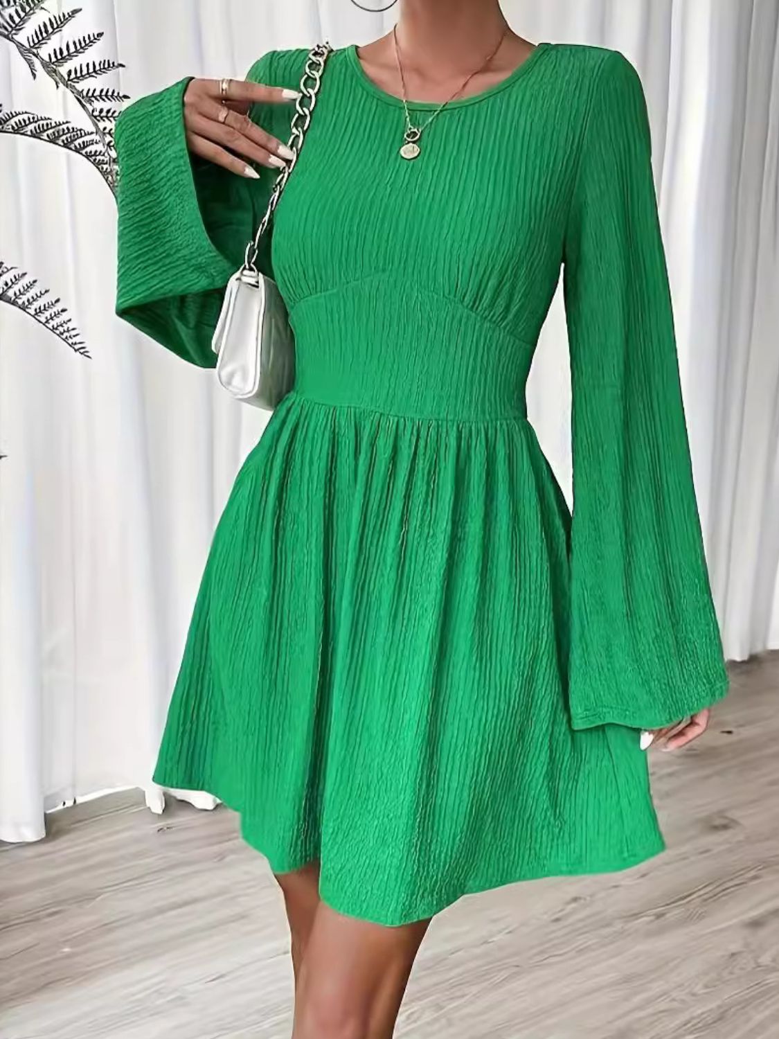 Round Neck Flare Sleeve Mini Dress - Lunaria