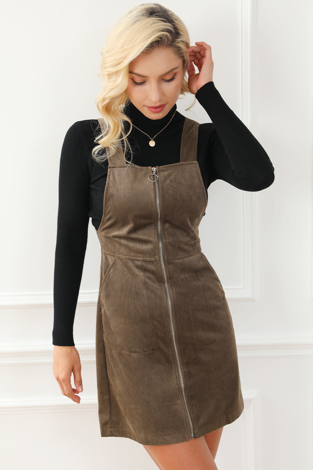 Pocketed Zip Up Wide Strap Mini Dress - Lunaria