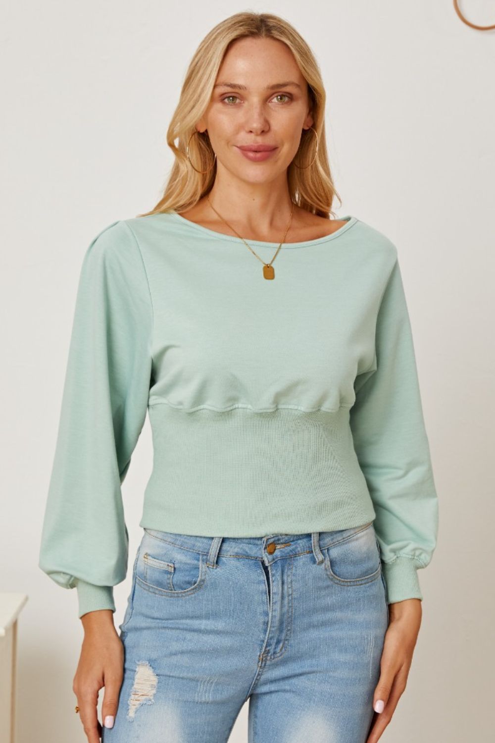 Boat Neck Lantern Sleeve Blouse - Lunaria
