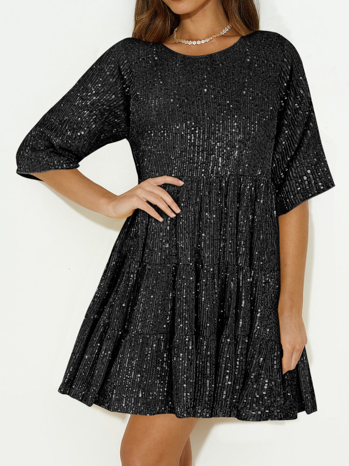 Sequin Round Neck Half Sleeve Mini Dress - Lunaria