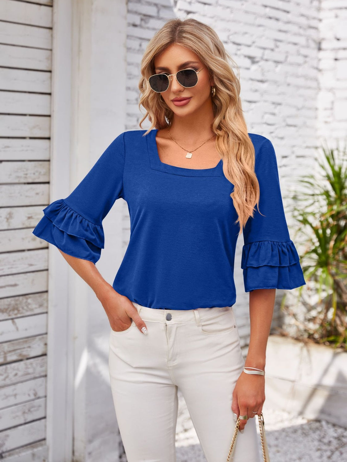 Ruffled Suqare Neck Half Sleeve Blouse - Lunaria
