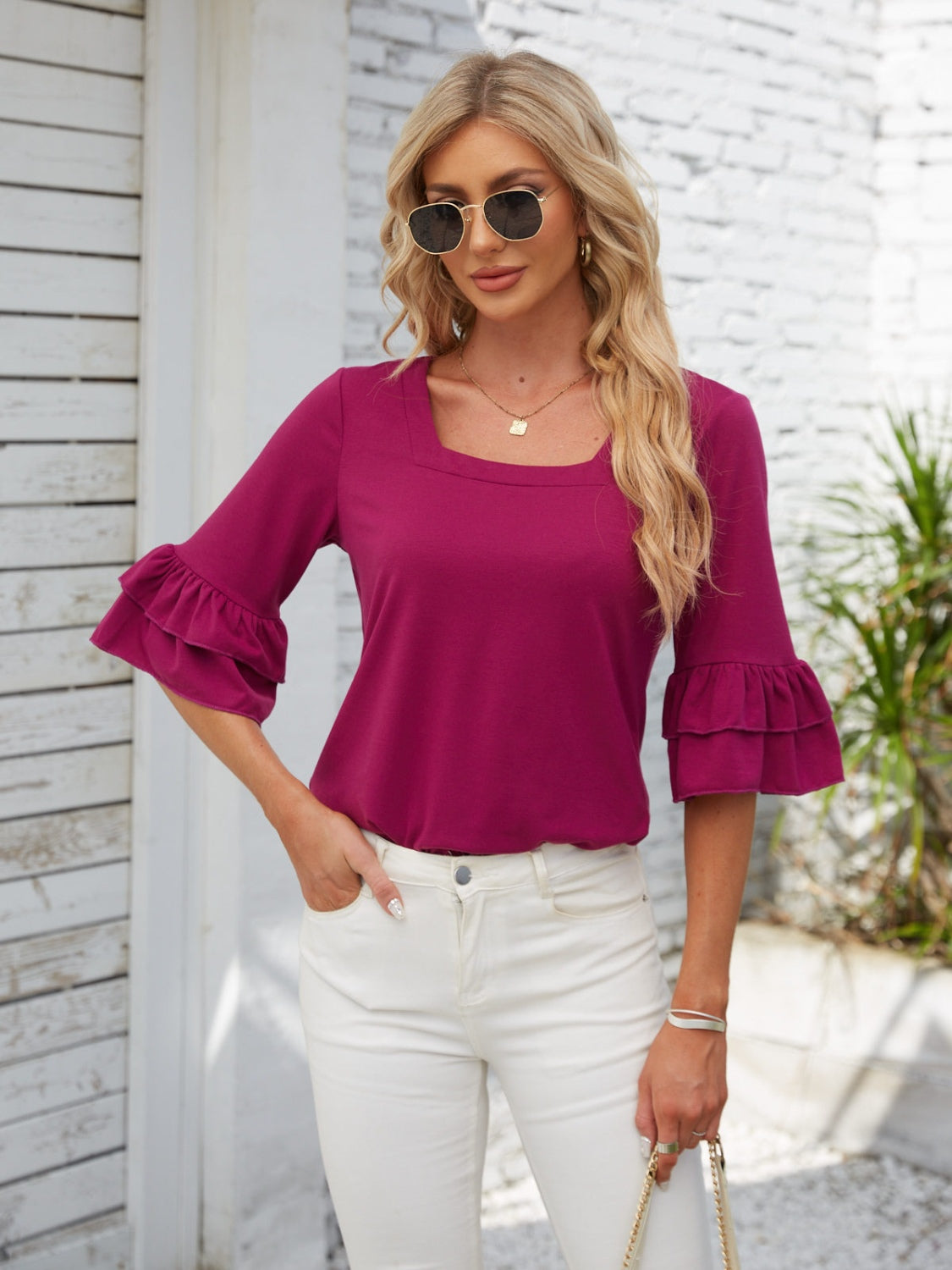 Ruffled Suqare Neck Half Sleeve Blouse - Lunaria