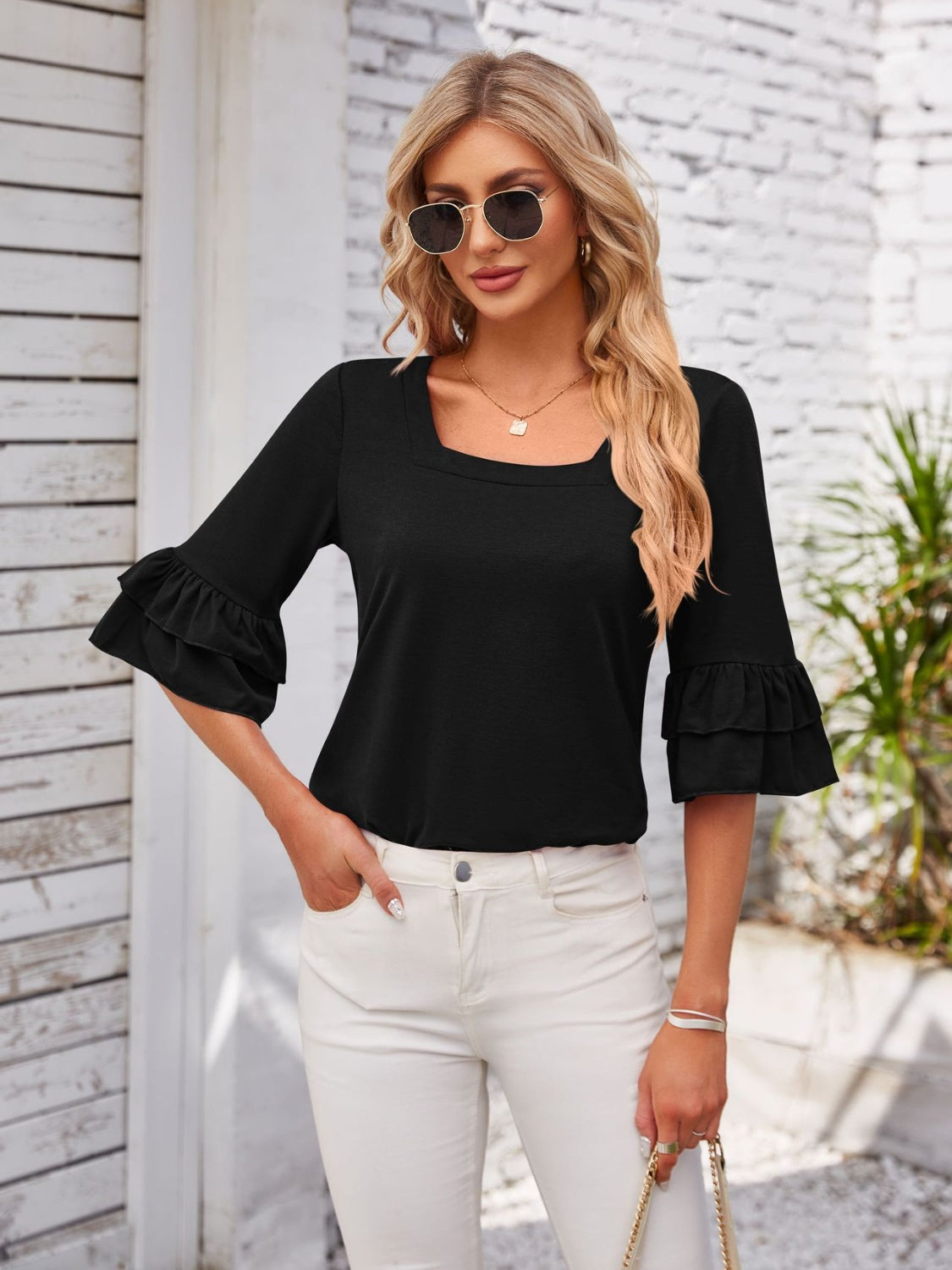 Ruffled Suqare Neck Half Sleeve Blouse - Lunaria