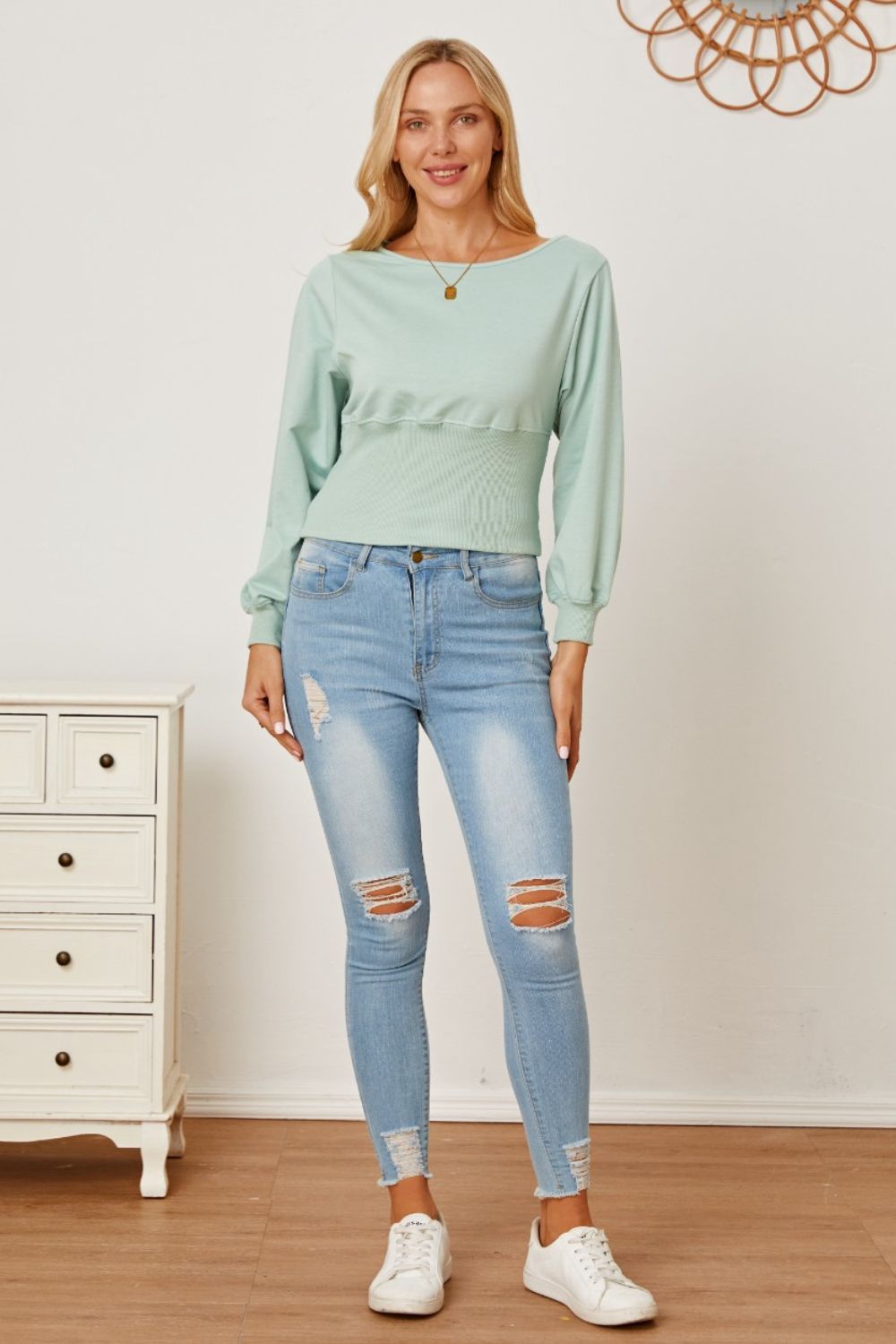 Boat Neck Lantern Sleeve Blouse - Lunaria