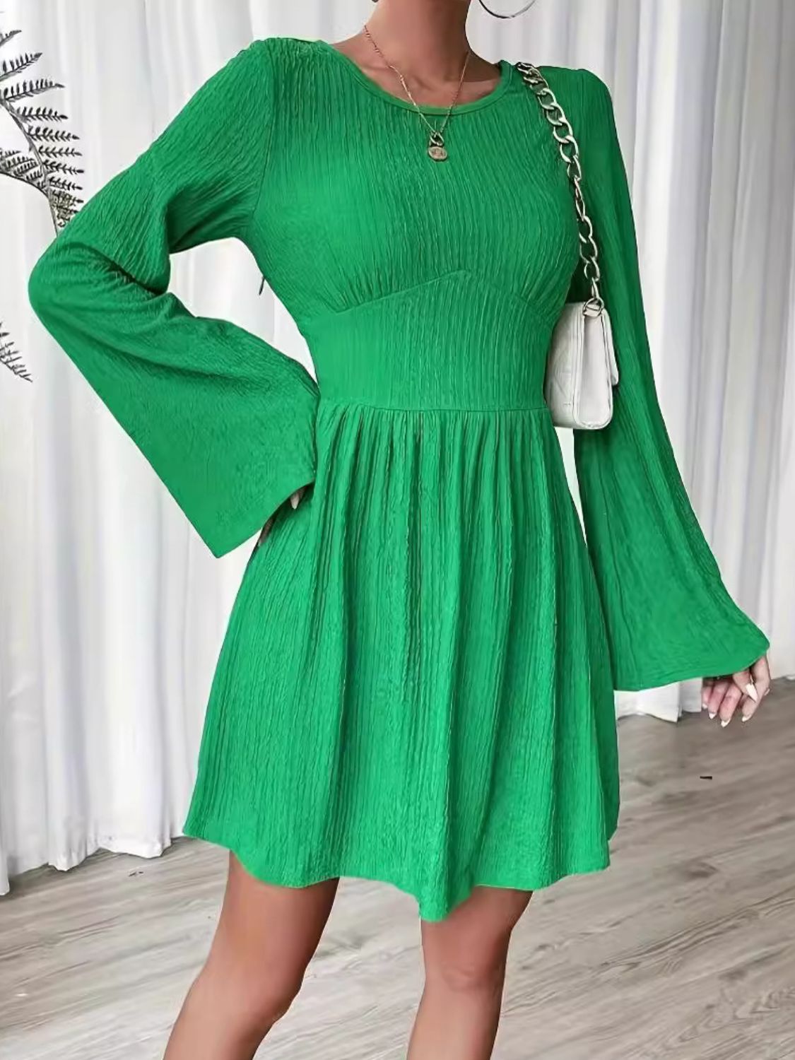 Round Neck Flare Sleeve Mini Dress - Lunaria
