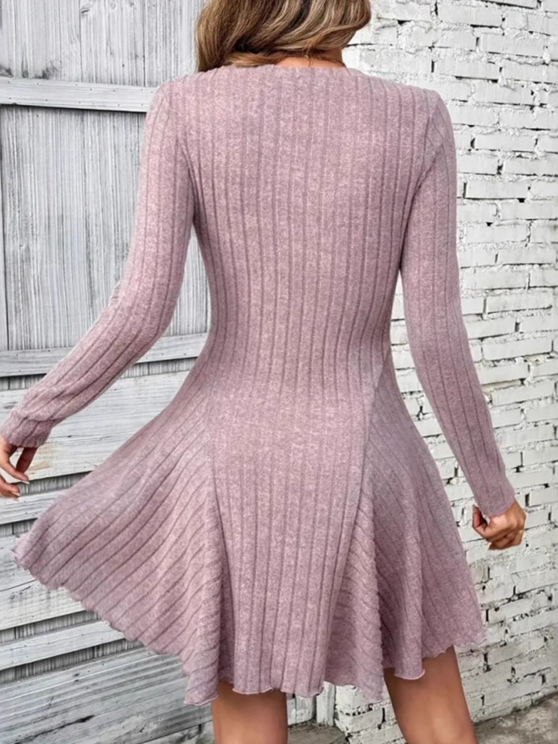 Ribbed Round Neck Long Sleeve Mini Dress - Lunaria