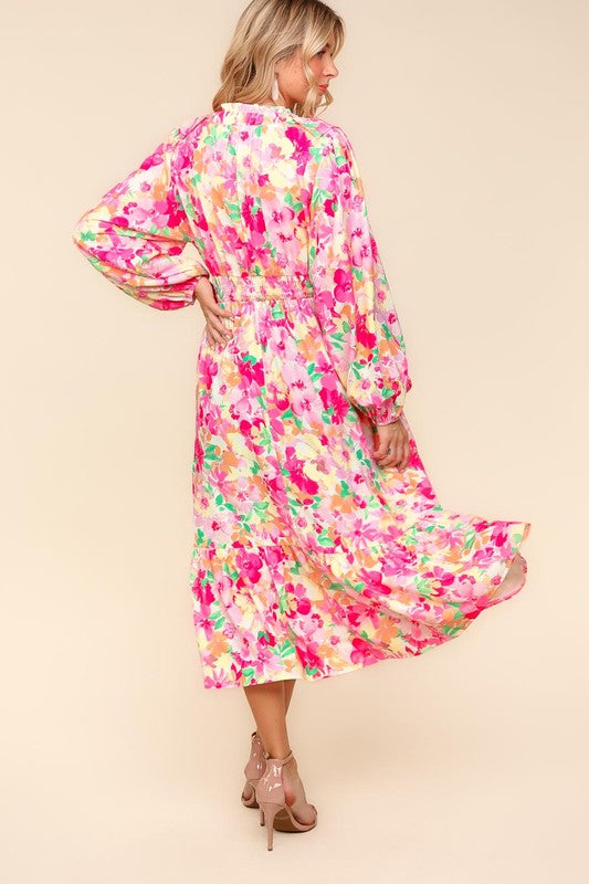 Haptics Full Size Floral Surplice Balloon Sleeve Dress with Side Pockets - Lunaria