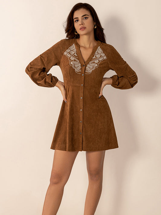 Notched Button Down Long Sleeve Mini Dress - Lunaria