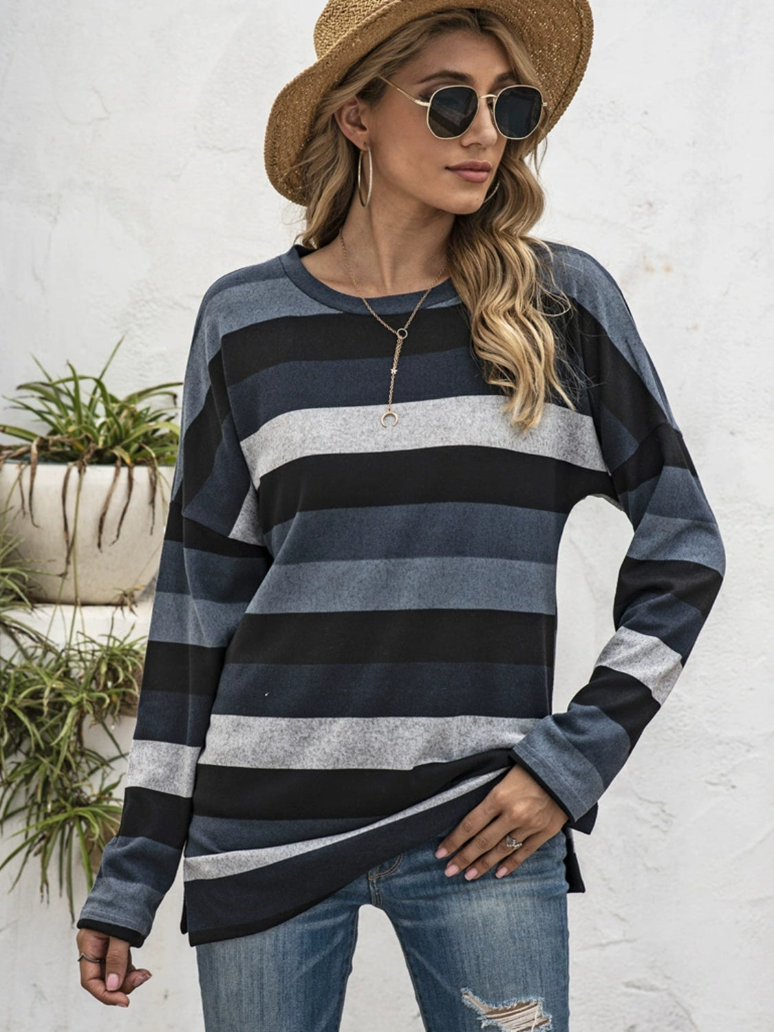 Full Size Striped Round Neck Long Sleeve T-Shirt Plus Size - Lunaria