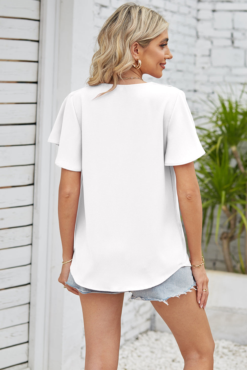 V-Neck Flutter Sleeve Blouse - Lunaria