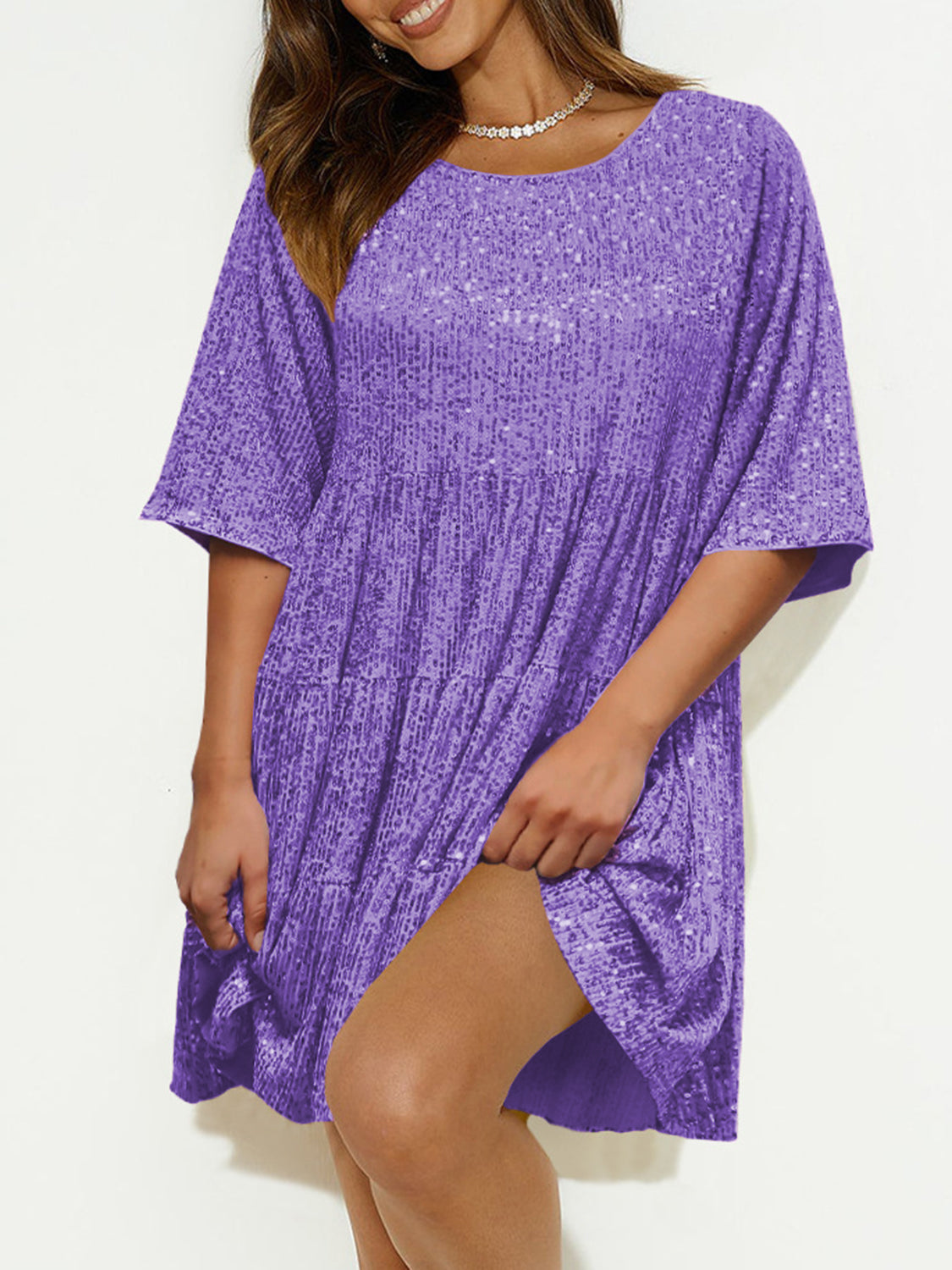 Sequin Round Neck Half Sleeve Mini Dress - Lunaria