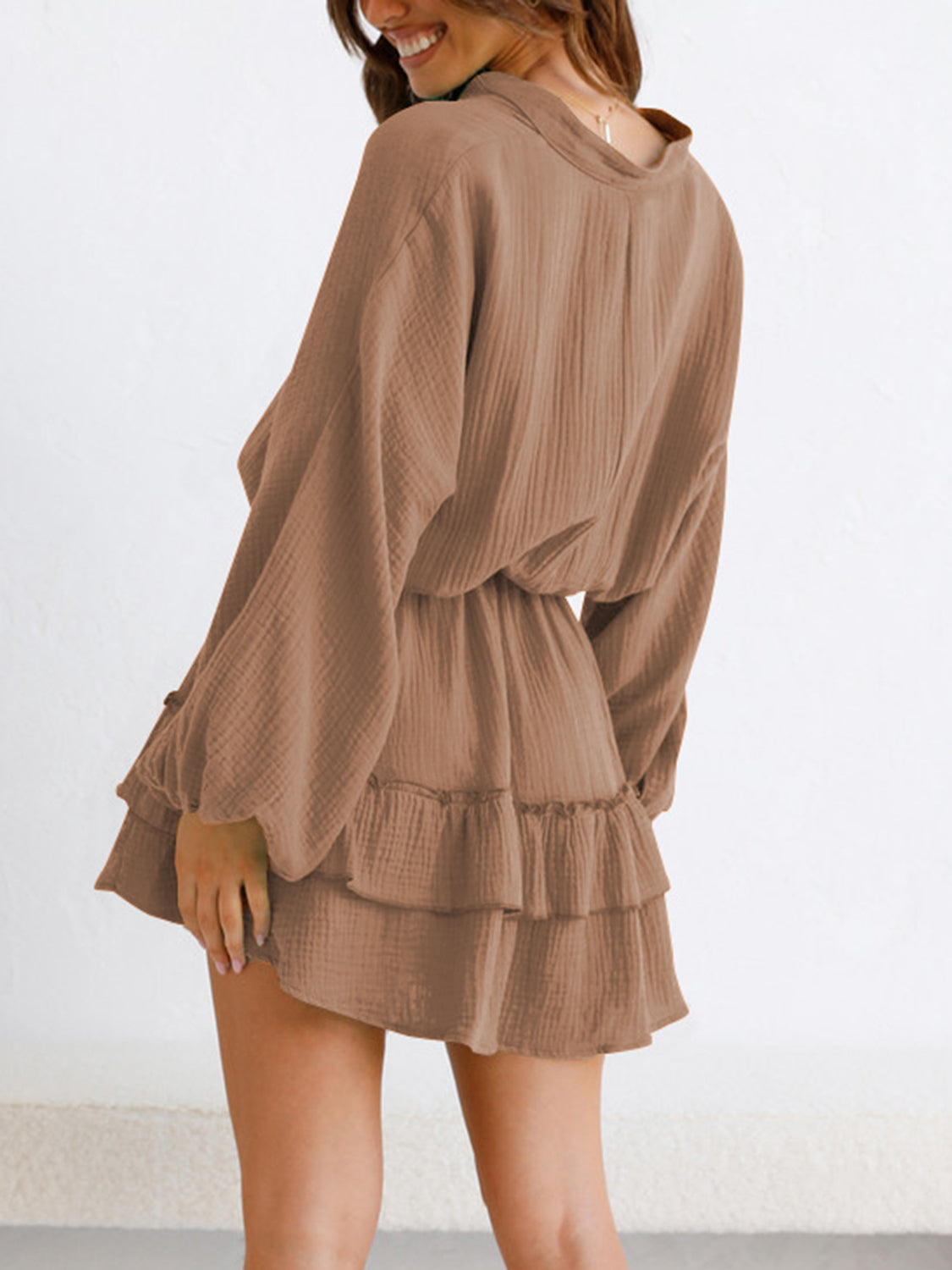 Ruffled Notched Balloon Sleeve Mini Dress - Lunaria