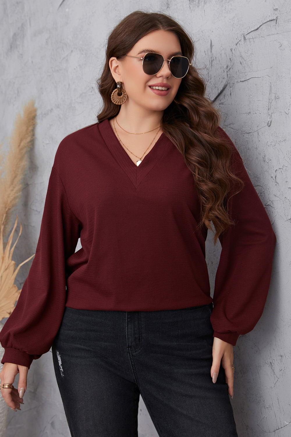 Honey Melo Apparel Plus Size V-Neck Dropped Shoulder Blouse - Lunaria