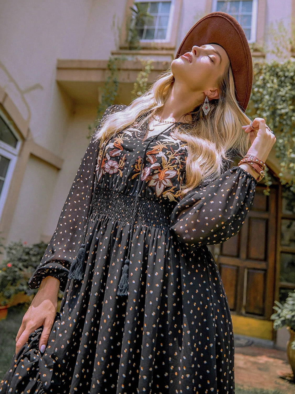 Embroidered Polka Dot Tie Neck Long Sleeve Midi Dress - Lunaria