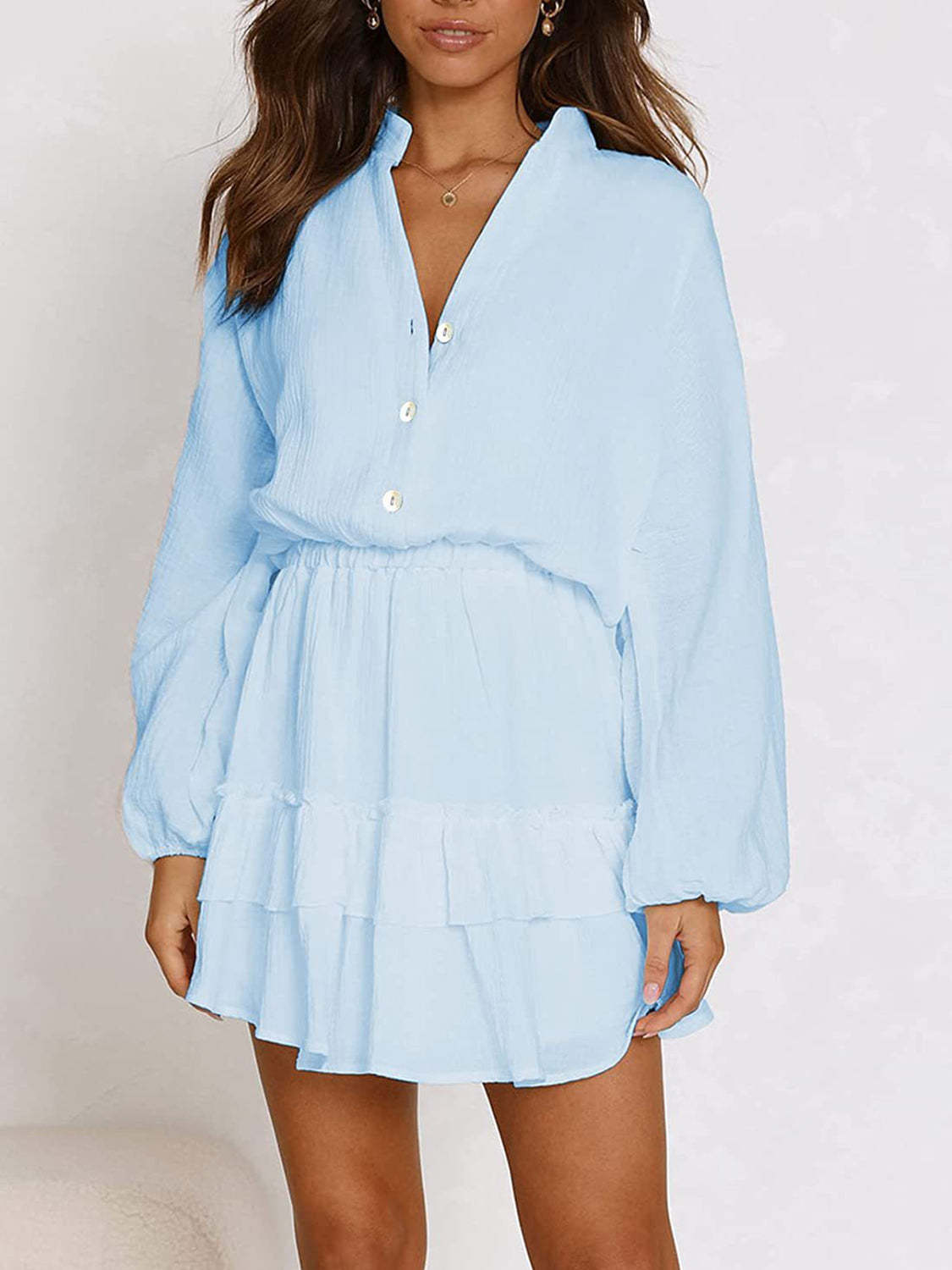 Ruffled Notched Balloon Sleeve Mini Dress - Lunaria