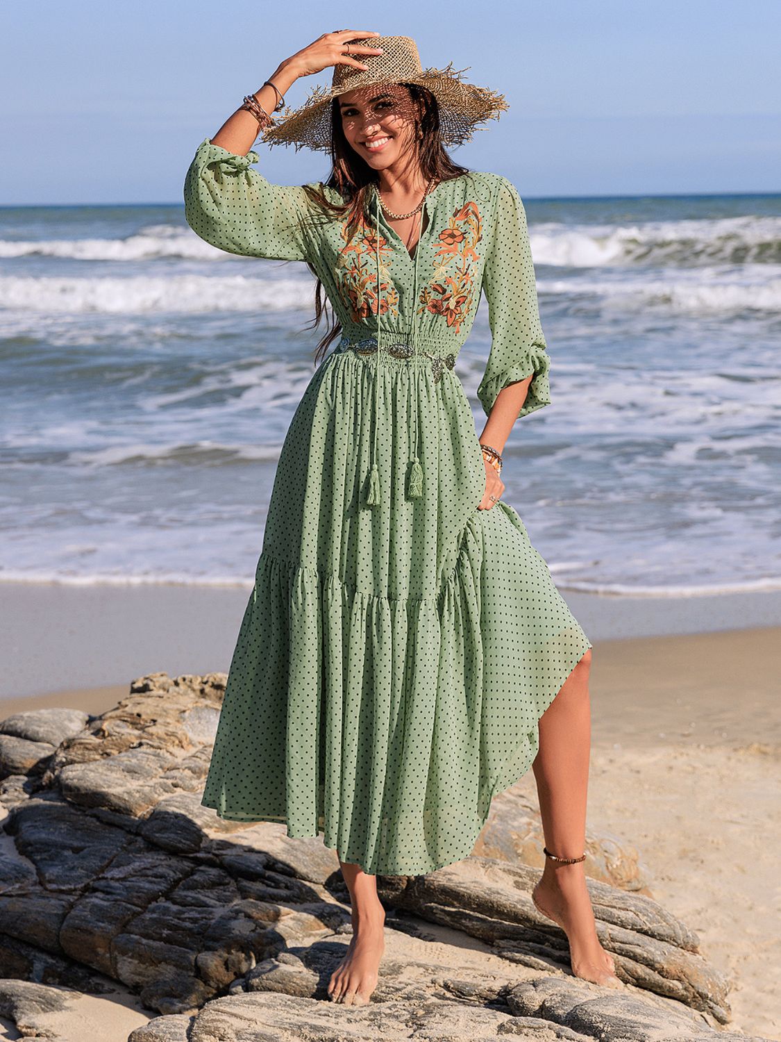 Embroidered Polka Dot Tie Neck Long Sleeve Midi Dress - Lunaria