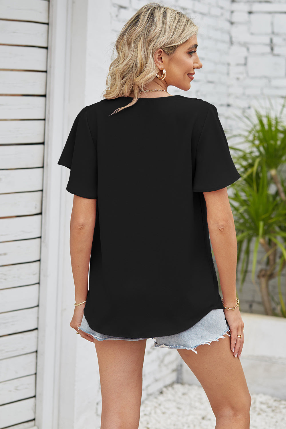 V-Neck Flutter Sleeve Blouse - Lunaria