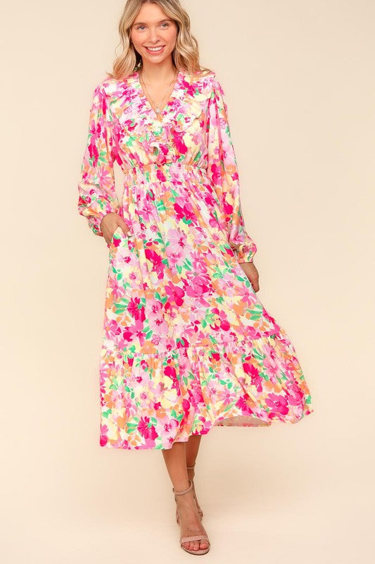 Haptics Full Size Floral Surplice Balloon Sleeve Dress with Side Pockets - Lunaria