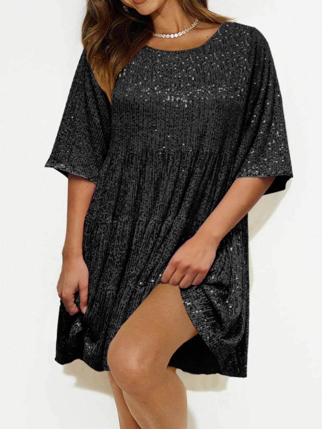 Sequin Round Neck Half Sleeve Mini Dress - Lunaria