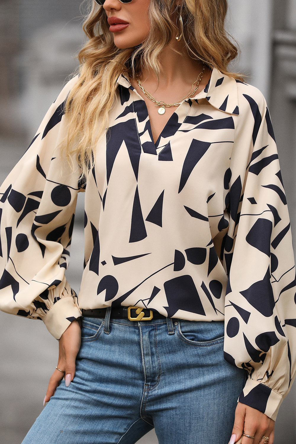 Perfee Printed Johnny Collar Blouse - Lunaria