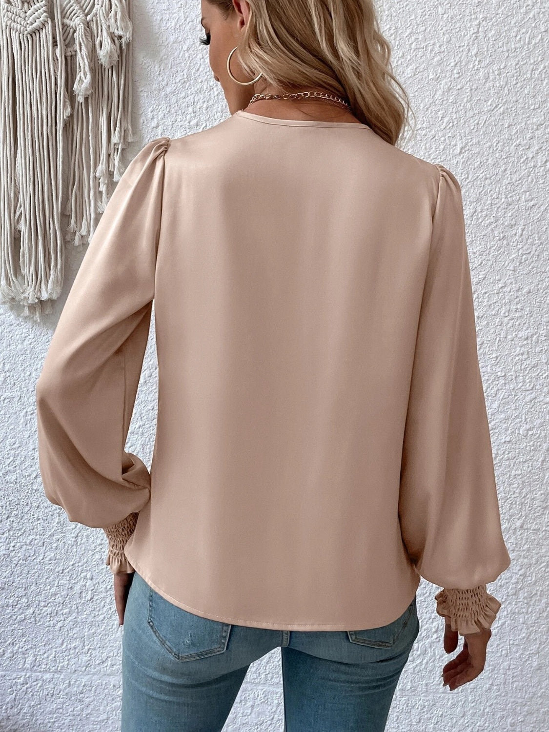 Surplice Smocked Lantern Sleeve Blouse - Lunaria