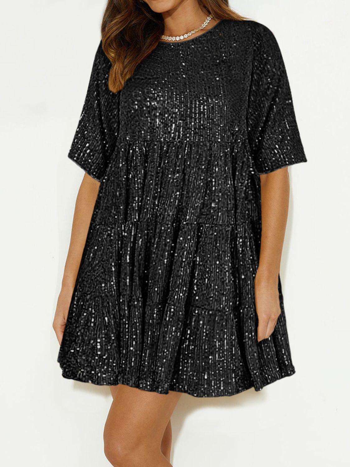 Sequin Round Neck Half Sleeve Mini Dress - Lunaria