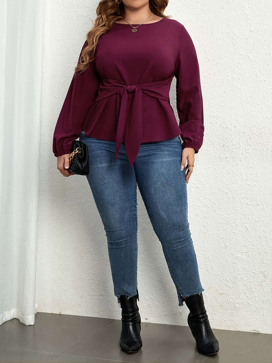 Plus Size Tie Front Long Sleeve Blouse - Lunaria