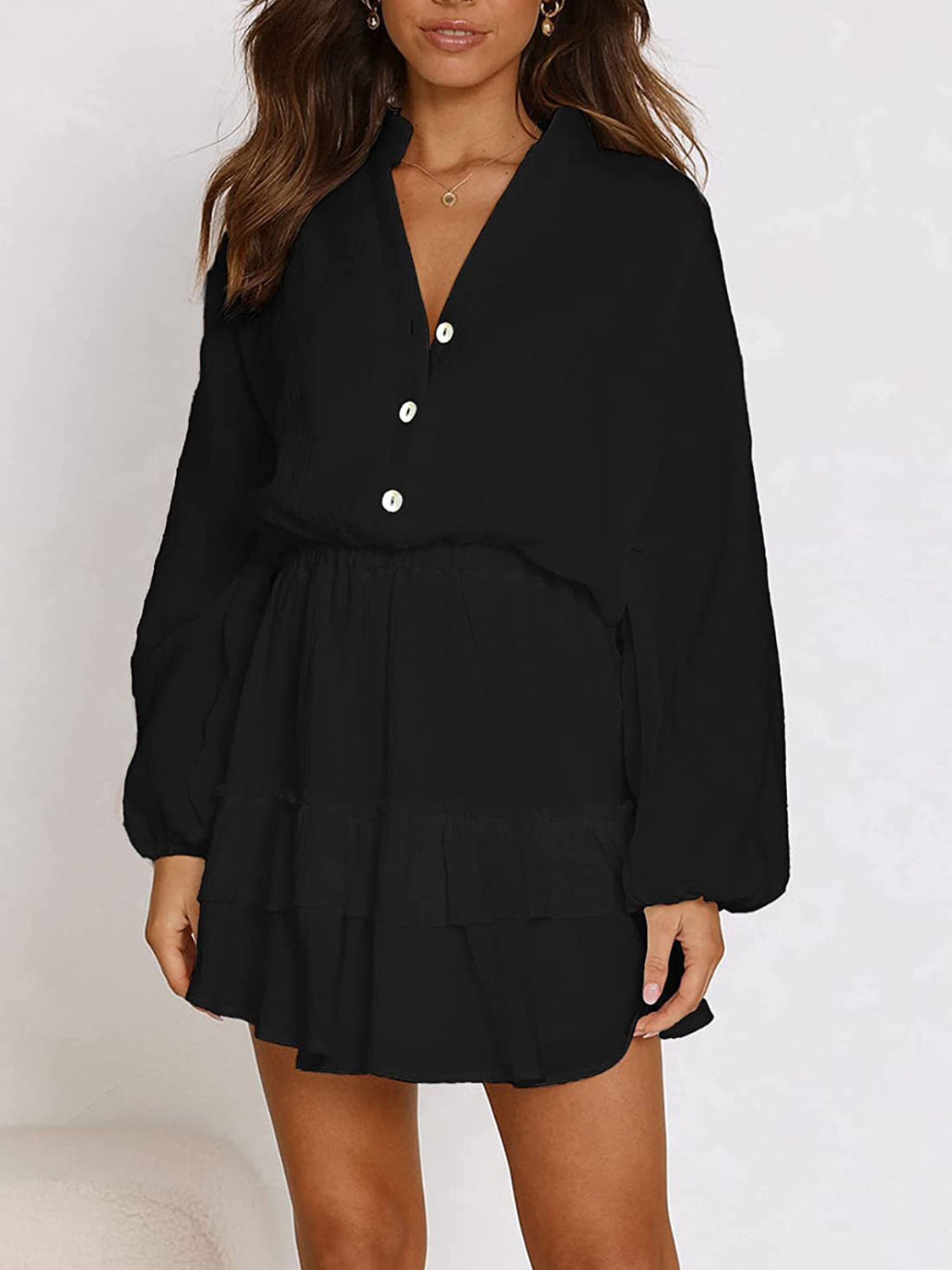 Ruffled Notched Balloon Sleeve Mini Dress - Lunaria