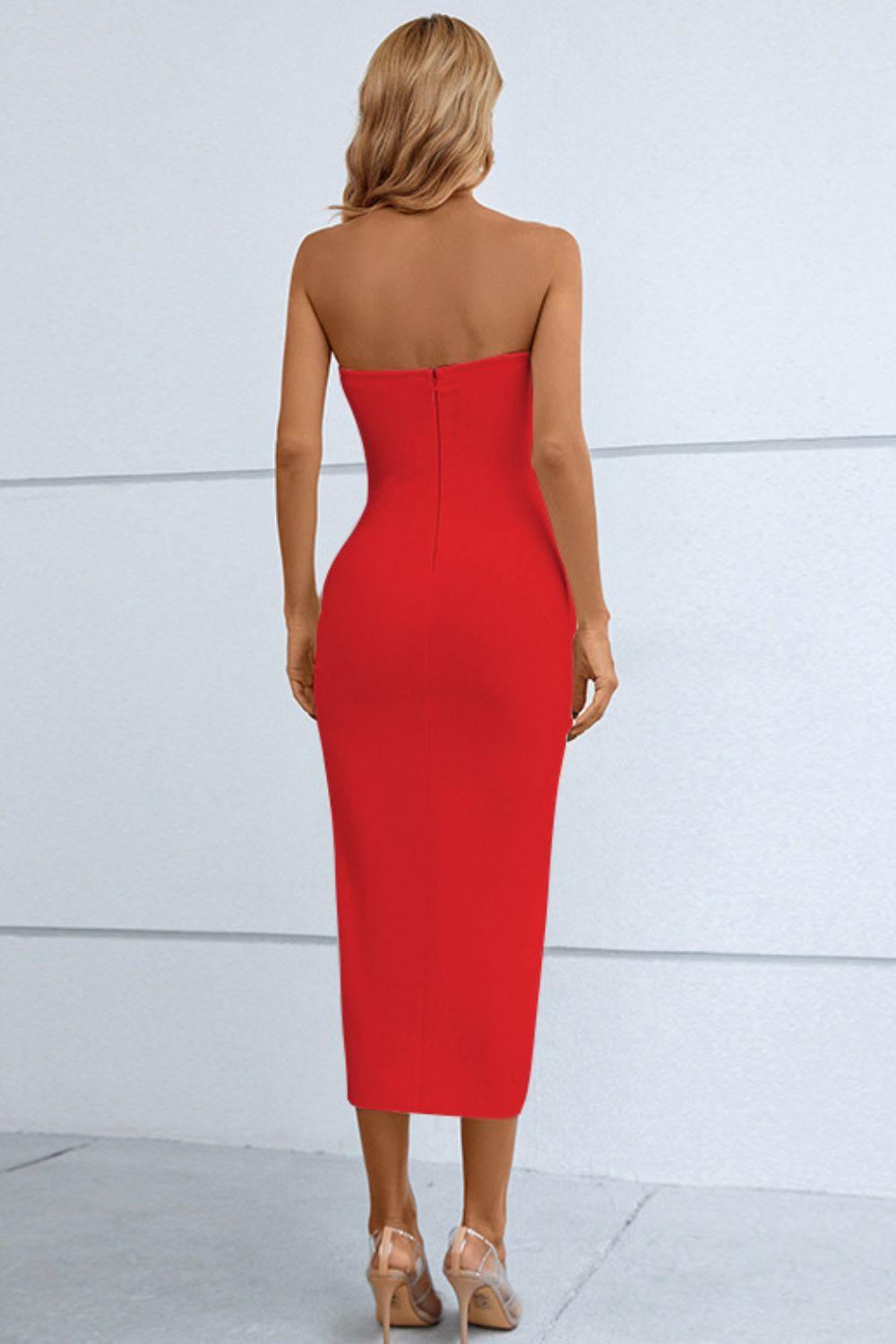 Cutout Strapless Drawstring Detail Split Bandage Dress - Lunaria