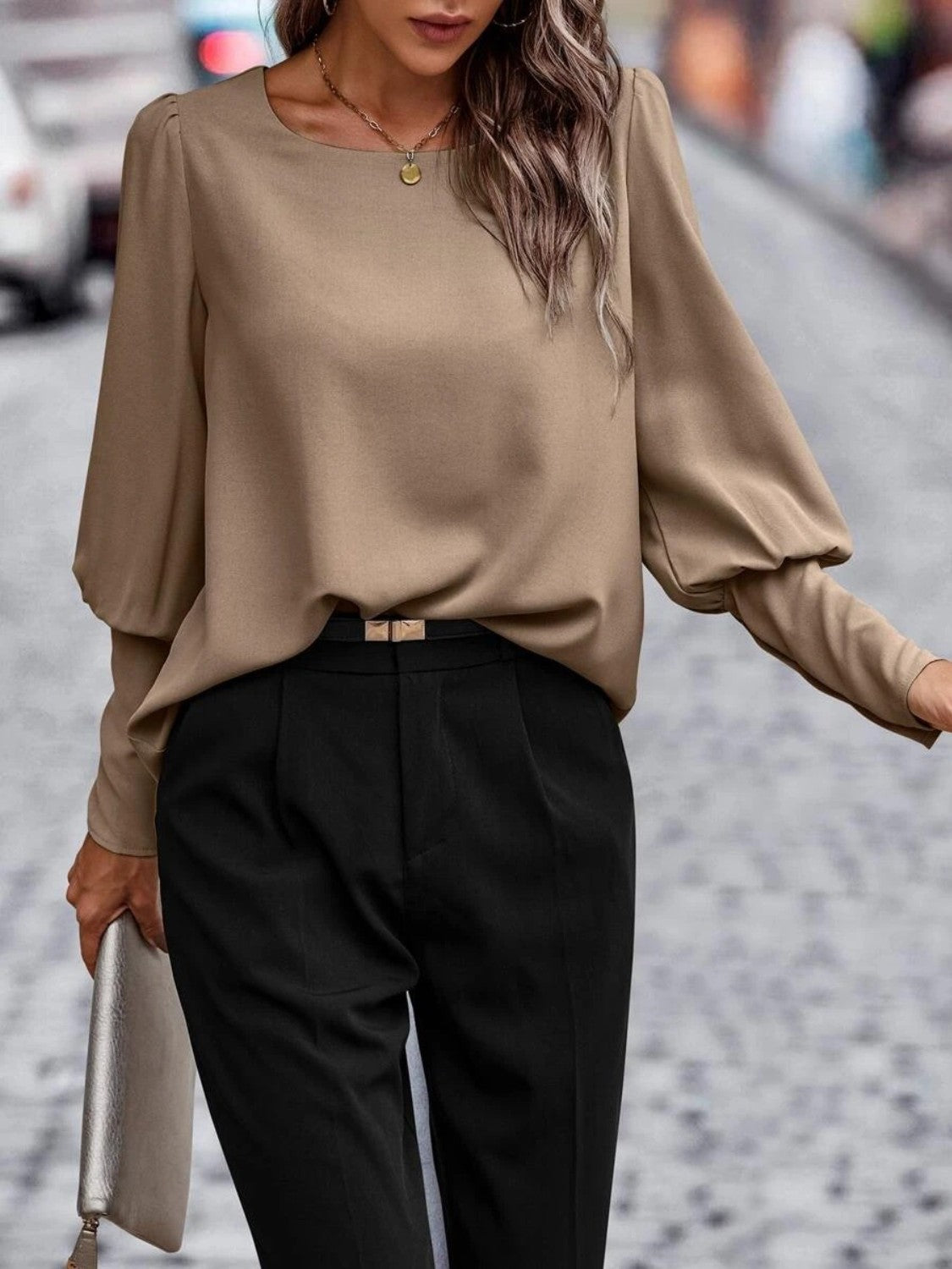 Round Neck Lantern Sleeve Blouse - Lunaria