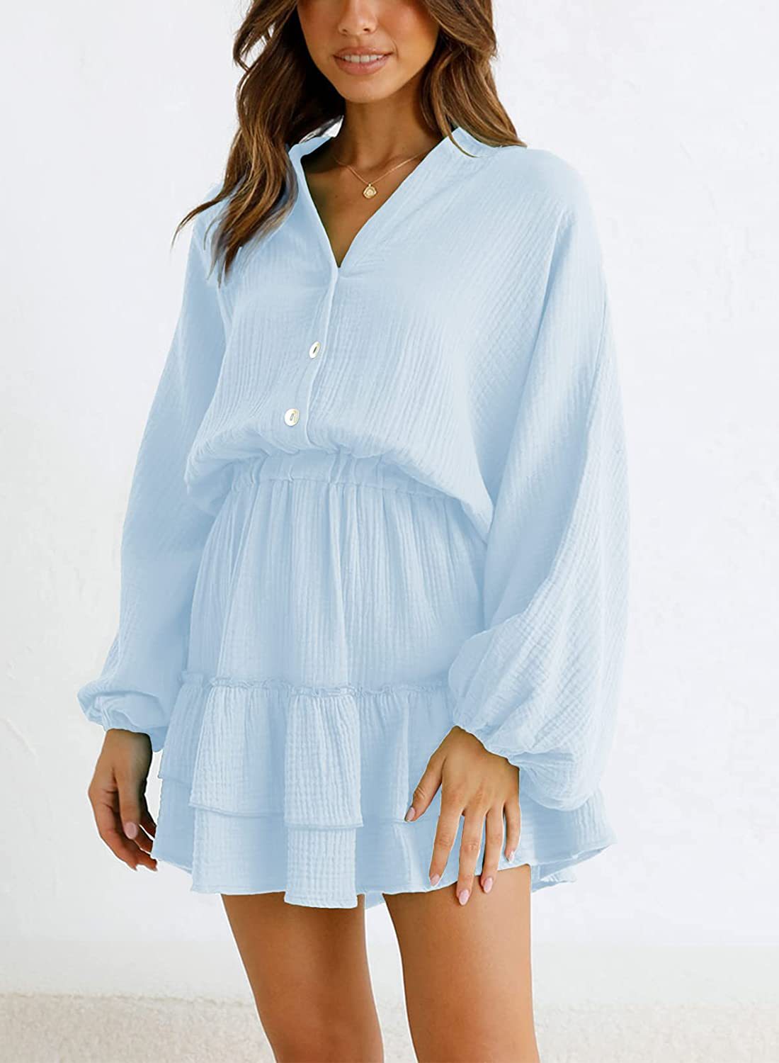 Ruffled Notched Balloon Sleeve Mini Dress - Lunaria