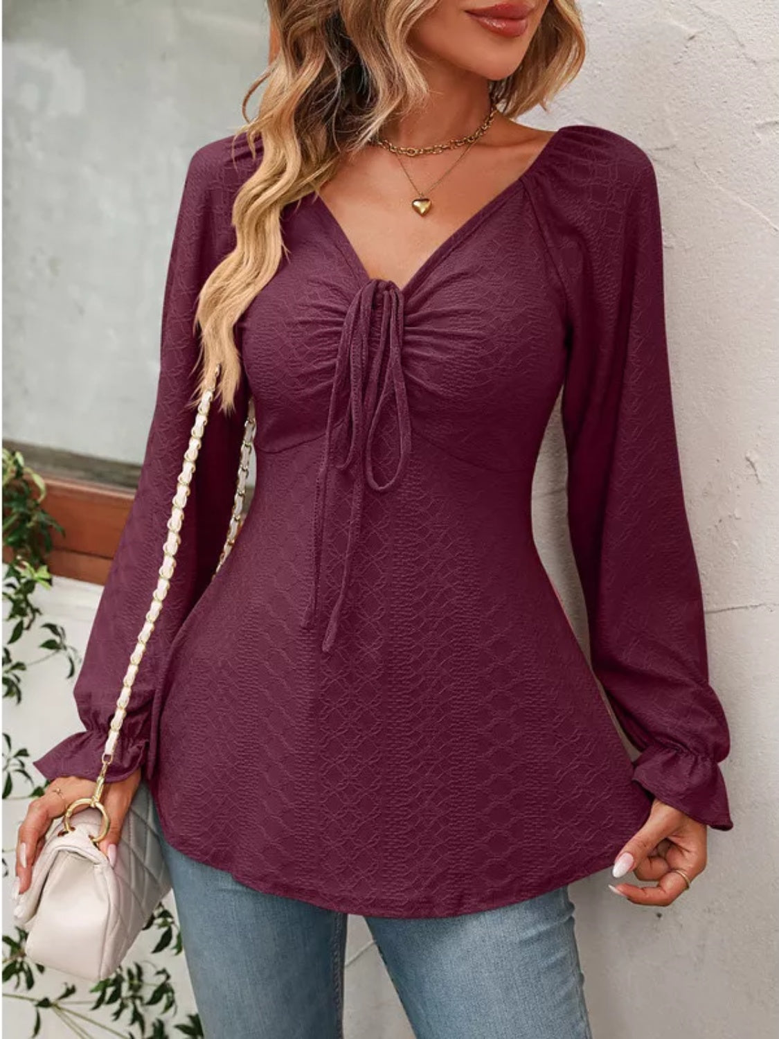 Full Size Drawstring Ruffled V-Neck Long Sleeve Blouse - Lunaria