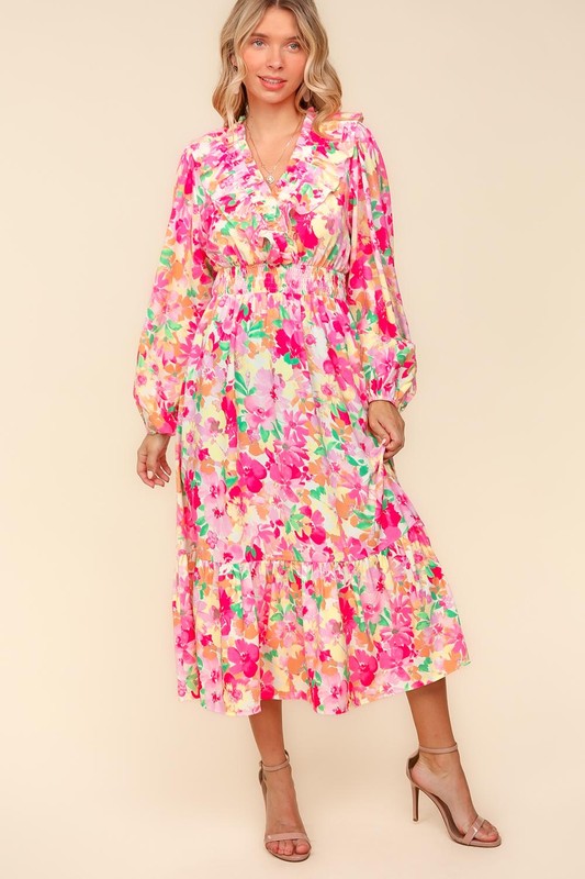 Haptics Full Size Floral Surplice Balloon Sleeve Dress with Side Pockets - Lunaria