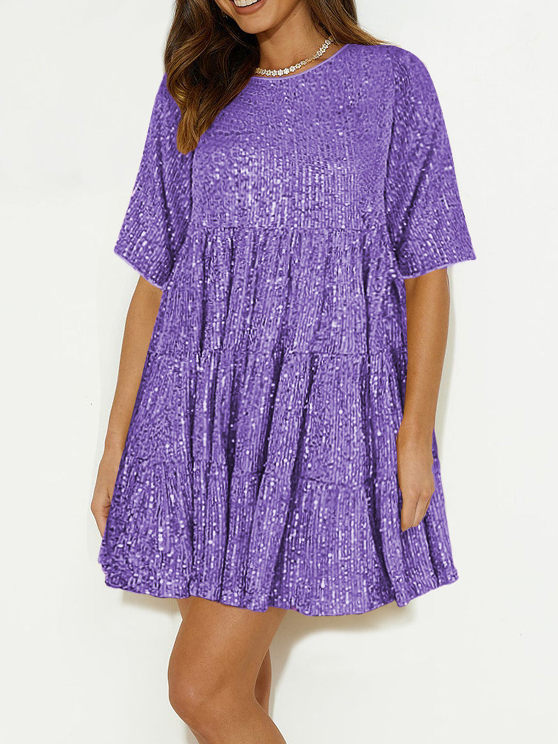 Sequin Round Neck Half Sleeve Mini Dress - Lunaria