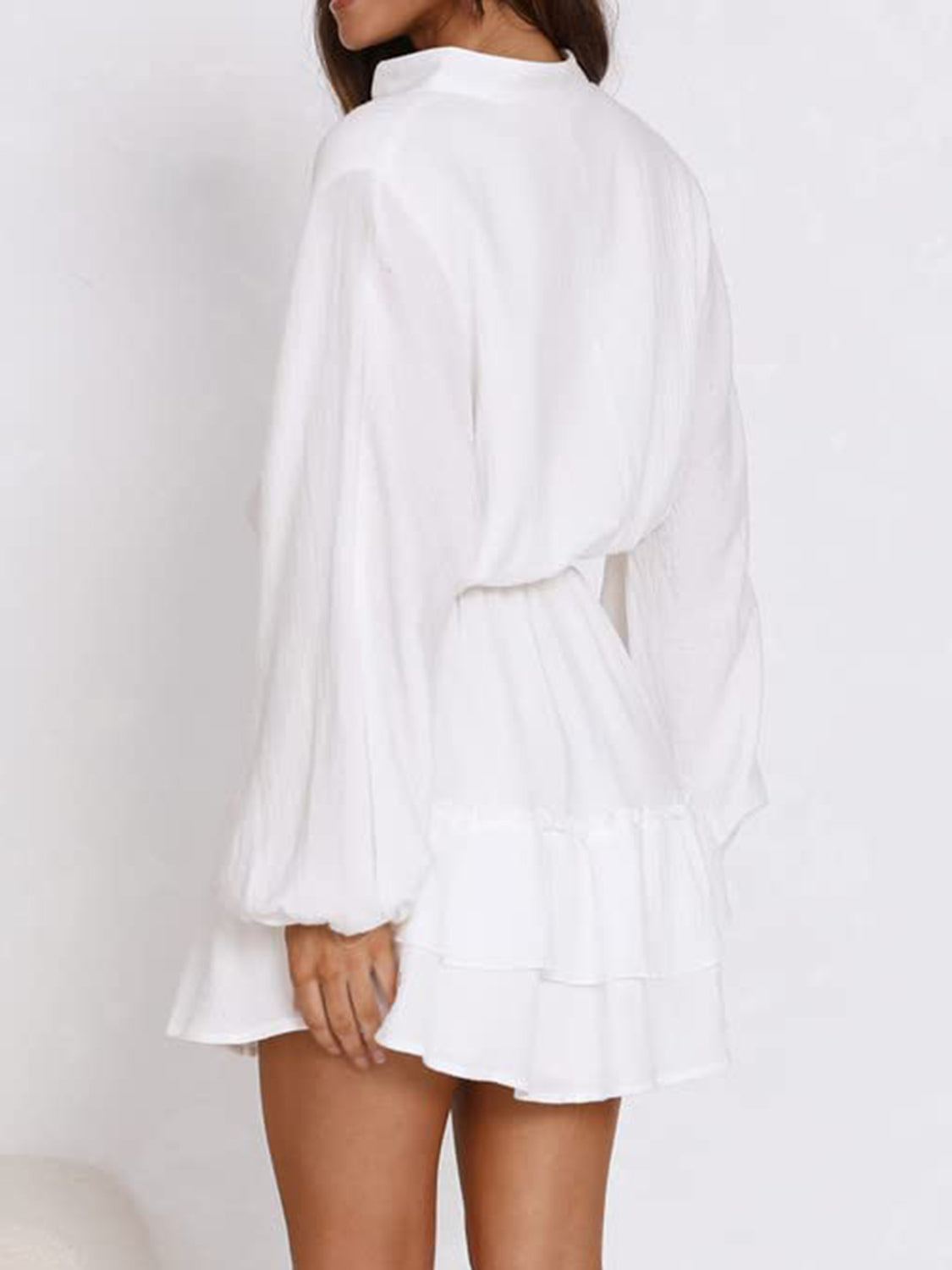 Ruffled Notched Balloon Sleeve Mini Dress - Lunaria