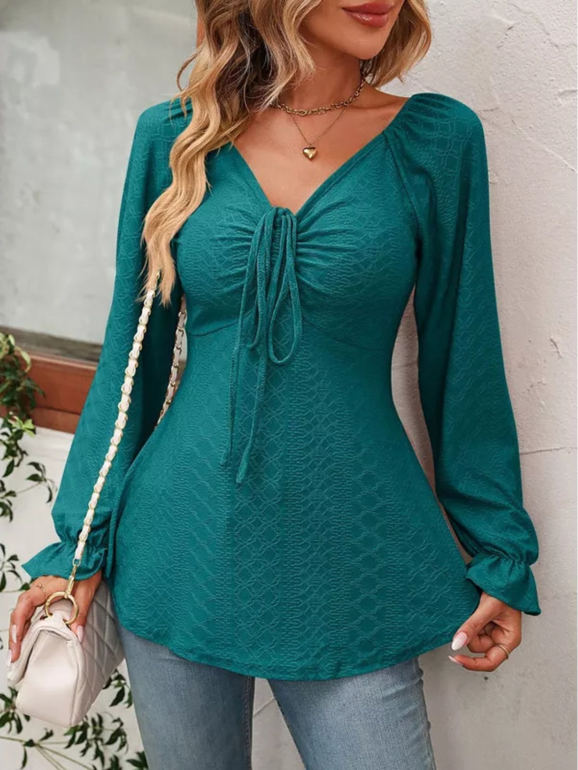 Full Size Drawstring Ruffled V-Neck Long Sleeve Blouse - Lunaria