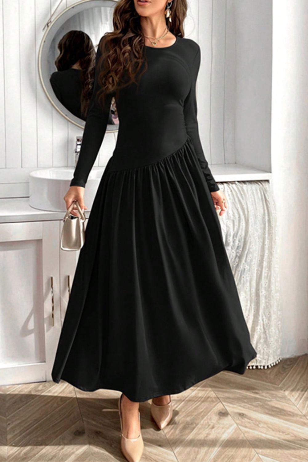 Ruched Round Neck Long Sleeve Dress - Lunaria