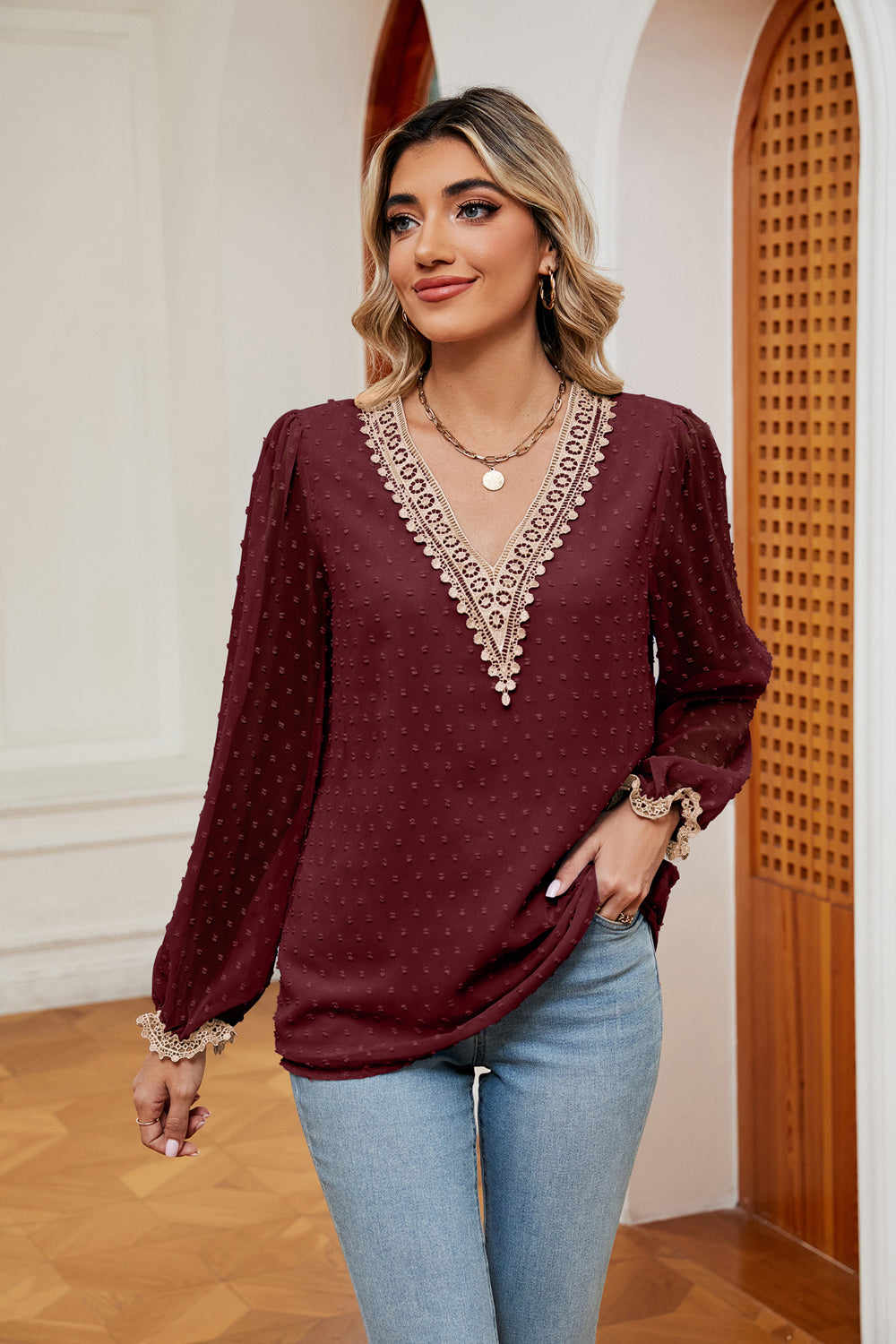 Swiss Dot Contrast V-Neck Blouse - Lunaria